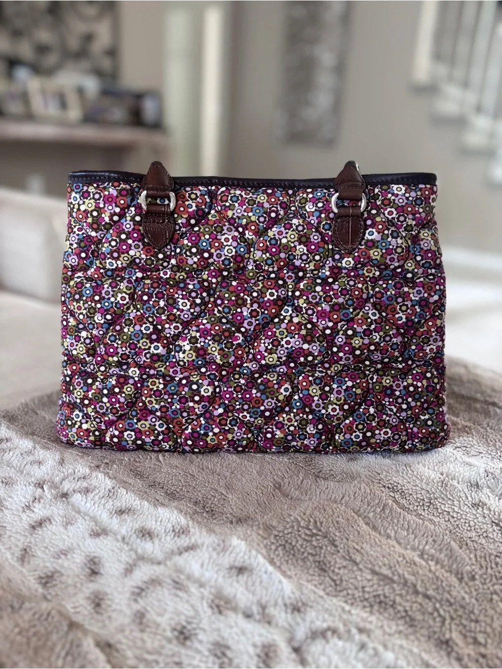 Brighton Heart to Heart Floral Quilted Calico tote Bag Leather Handles D773077
